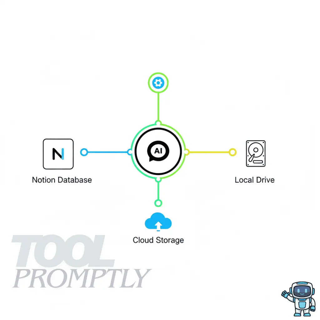 Visual workflow showing AI chatbot conversations flowing into Notion and cloud backup automatically”